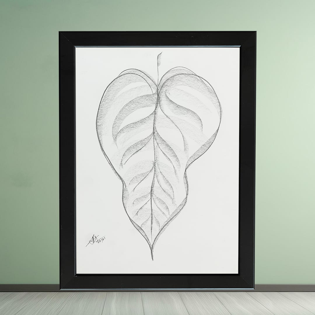 Minimal pencil drawing of a heart-shaped leaf